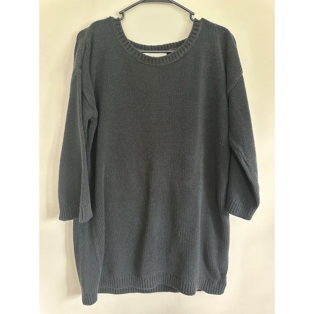 Lands End LARGE 3/4 Sleeve Chunky‎ Knit Sweater Black Crew Neck 80s Look